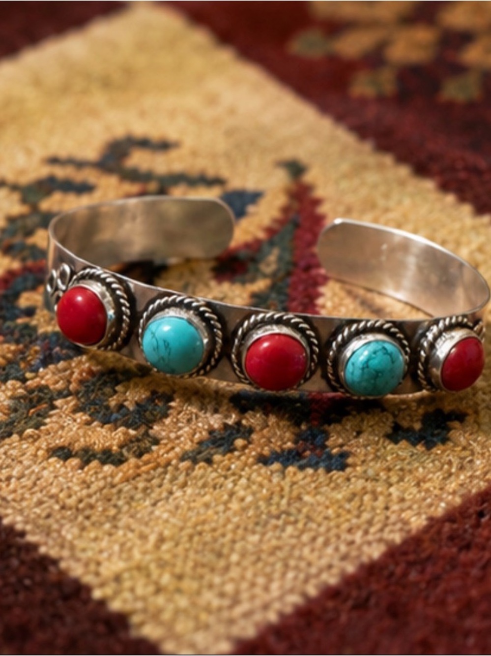 Silver Cuff Bracelet with Turquoise and Red Stone Accents - Picture 3 of 8